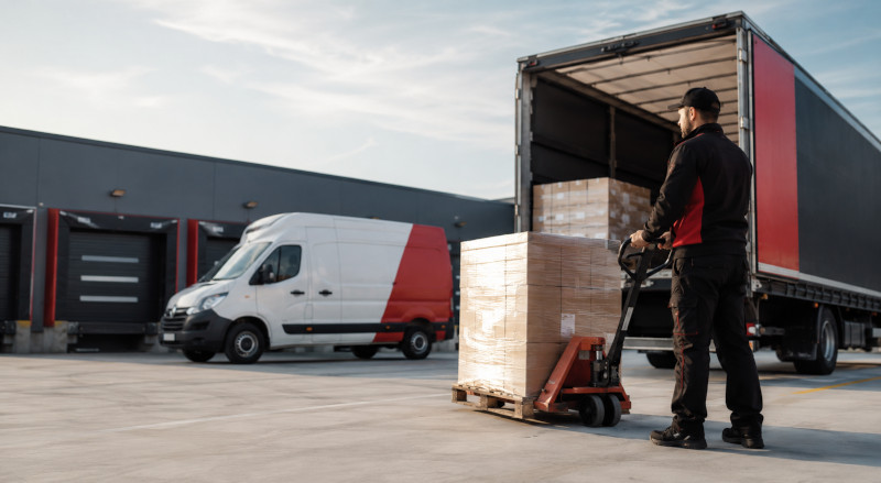 Esempio operatore che movimenta un bancale carico con transpallet