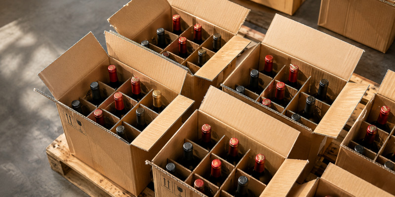 Scatole di bottiglie di vino su bancale pronte per la spedizione