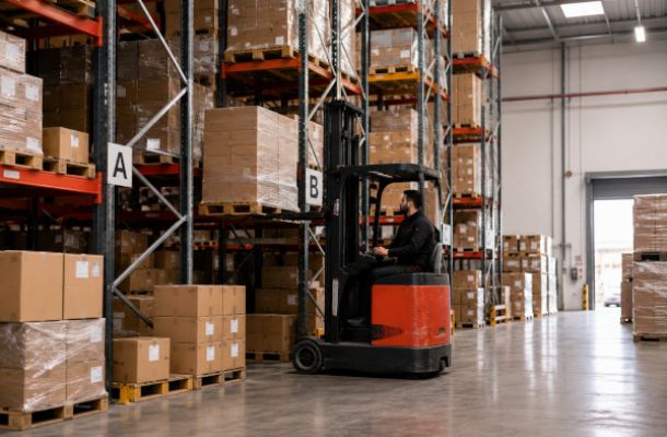 Esempio di operaio al lavoro con muletto per stoccaggio merce