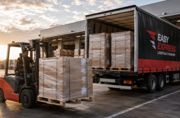 Esempio di operatore con muletto che carica pallet su motrice tre assi