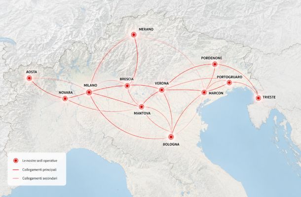 Mappa nord italia con sedi per servizio ultimo miglio di Easy Express